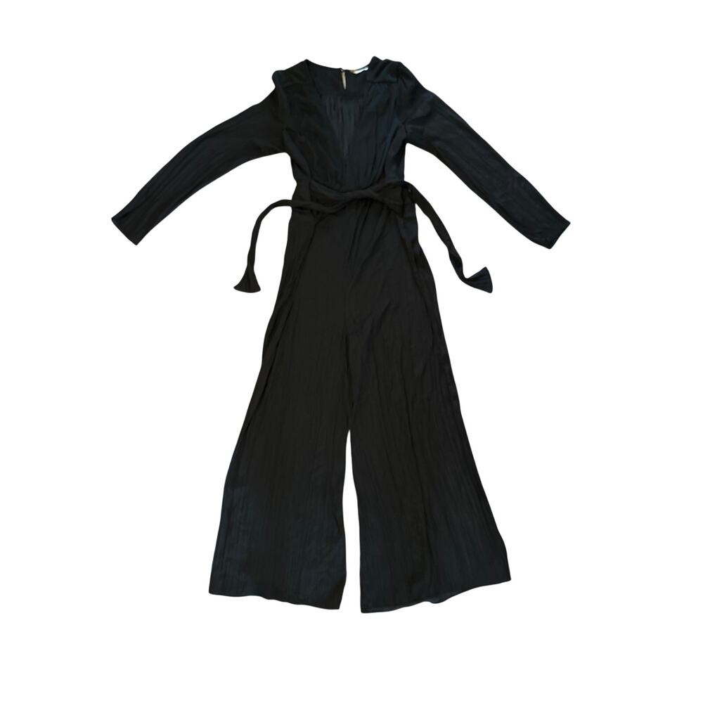 Women 8 Free People Larina Silky Satin Wide Leg Black Jumpsuit Long Sleeved